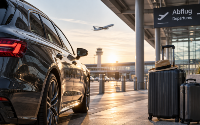 Schwarzer Kombi mit Koffern vor dem Abflug-Terminal, im Hintergrund startet ein Flugzeug