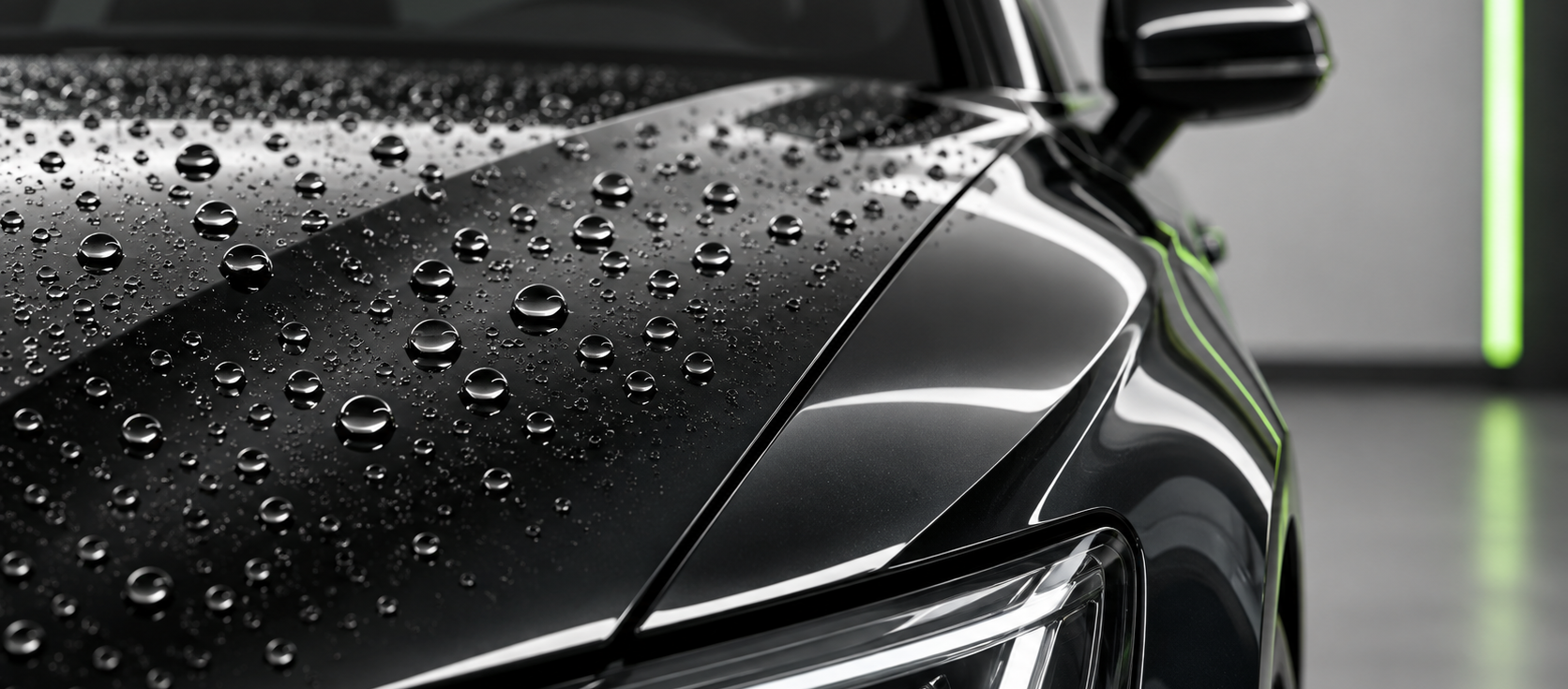 Wasser perlt in feinen Tropfen von einer frisch versiegelten schwarzen Motorhaube ab