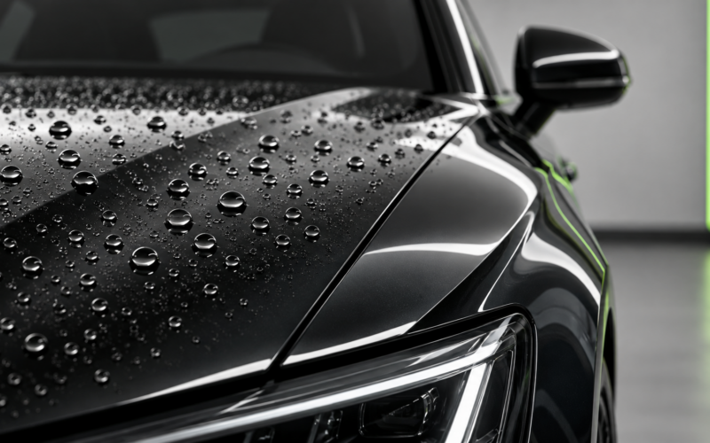 Wasser perlt in feinen Tropfen von einer frisch versiegelten schwarzen Motorhaube ab